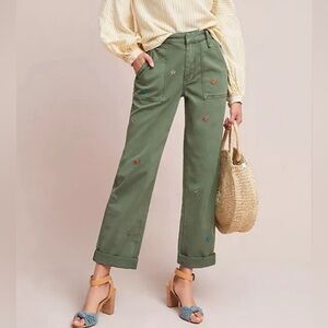Anthropologie Floral Embroidered Boyfriend Utility Pants Size 27